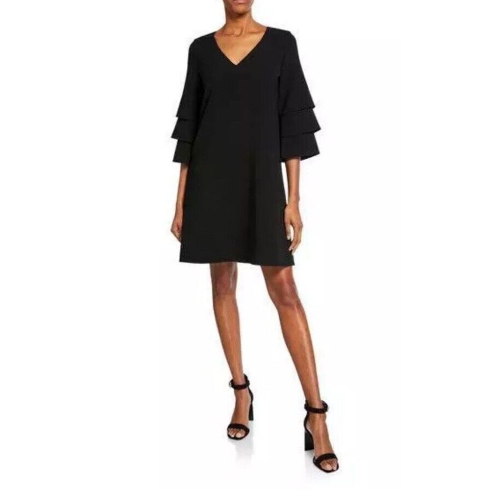 LAFAYETTE 148 Black VELEZ Tiered Ruffle Bell Sleeve V-Neck Shift Dress‎ Small